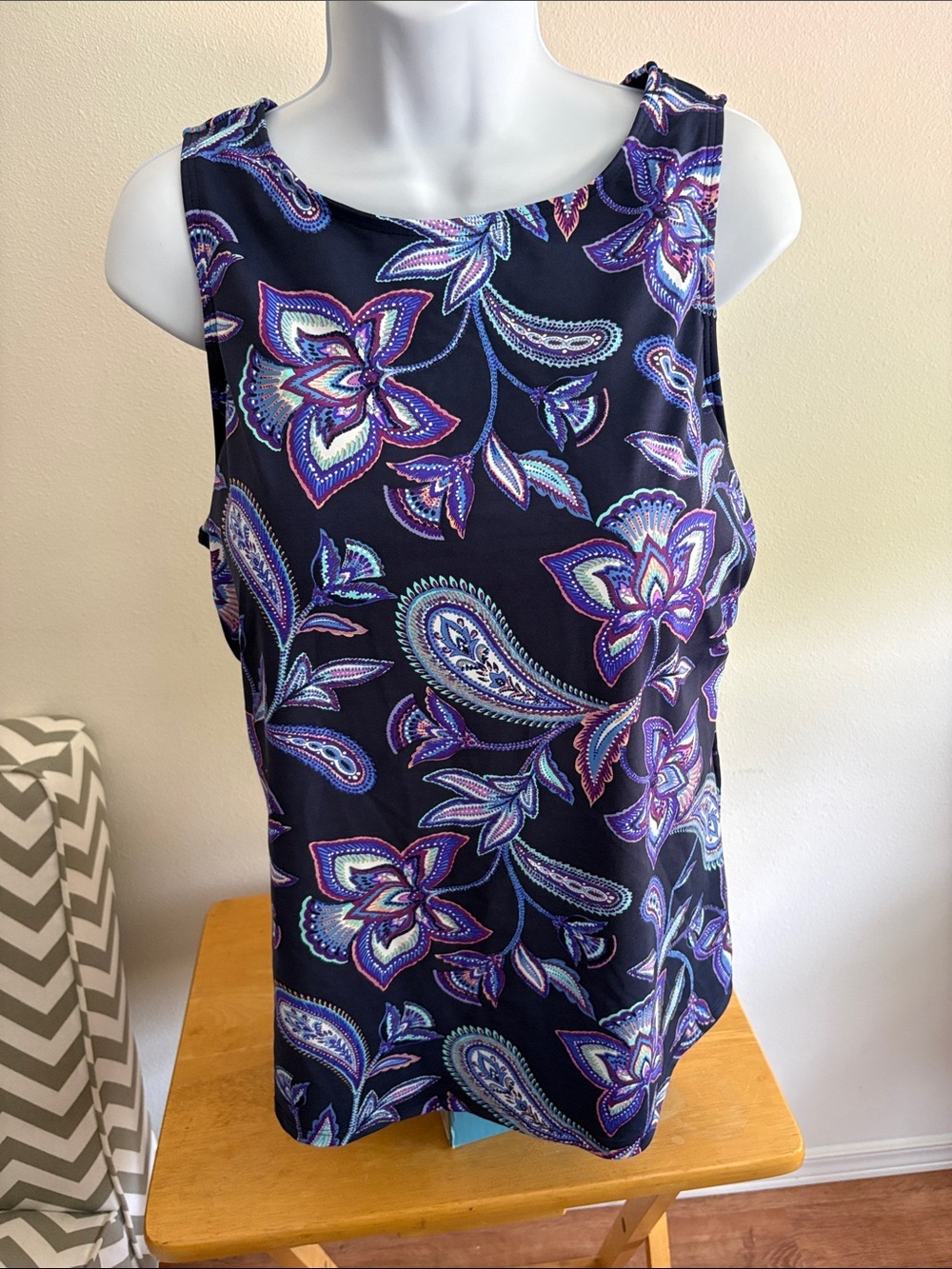 Lands End Sleeveless Navy Floral Paisley Tankini Size 16